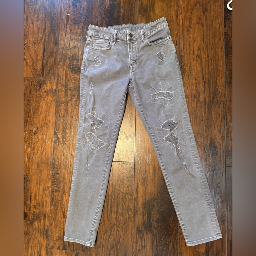 American Eagle‎ Jeans Mens 30x32 Gray Light Wash Cotton Stretch Slim Distressed
